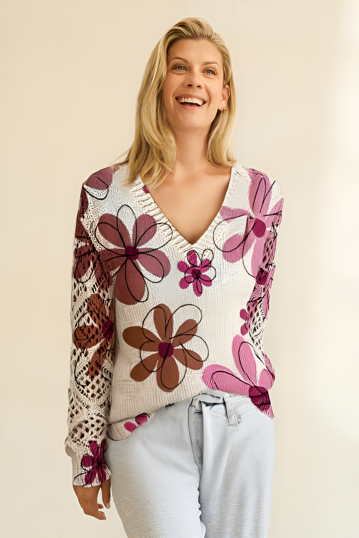 Lange™ | Tyylikäs V-pääntie Pitkähihainen Paita Kukkakuviolla, Boheemi Tyyli