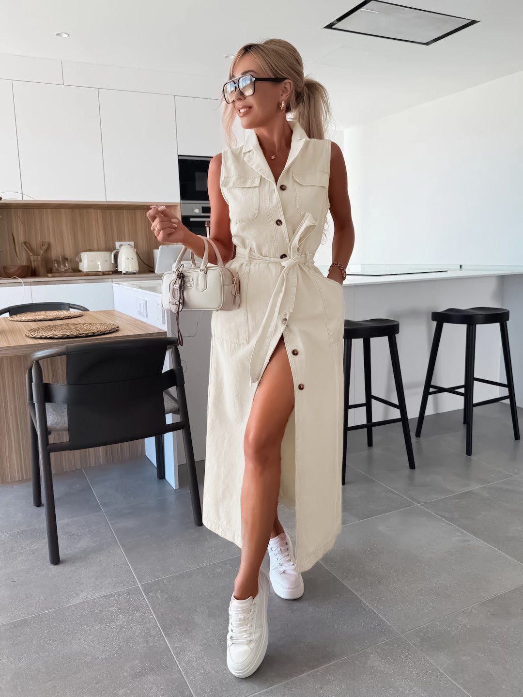 Hanna | Olkaimeton pitkä farkku mekko